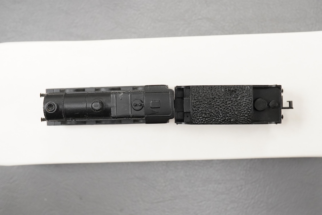 Thirteen N gauge railway by Graham Farish, etc., including two locomotives; a BR Class 4 0-6-0 tender locomotive, 4232, and an LMS 0-6-0T locomotive, 16389, together with two bogie coaches, eight freight wagons, and a Pe